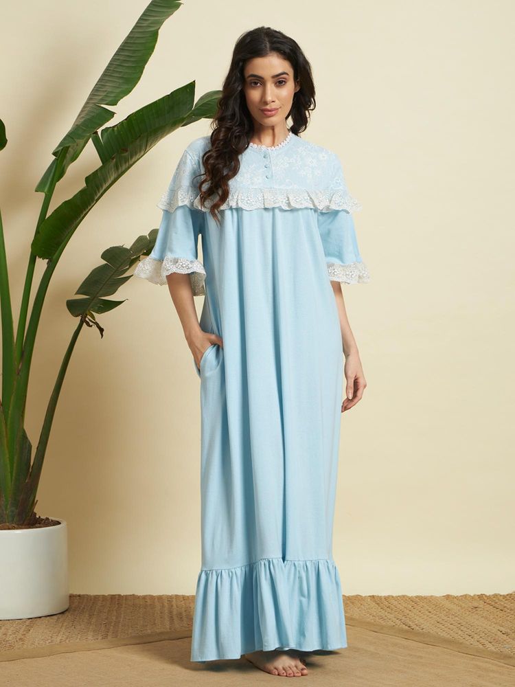 SEPHANI Blue Cotton Solid Nightdress-picture-13