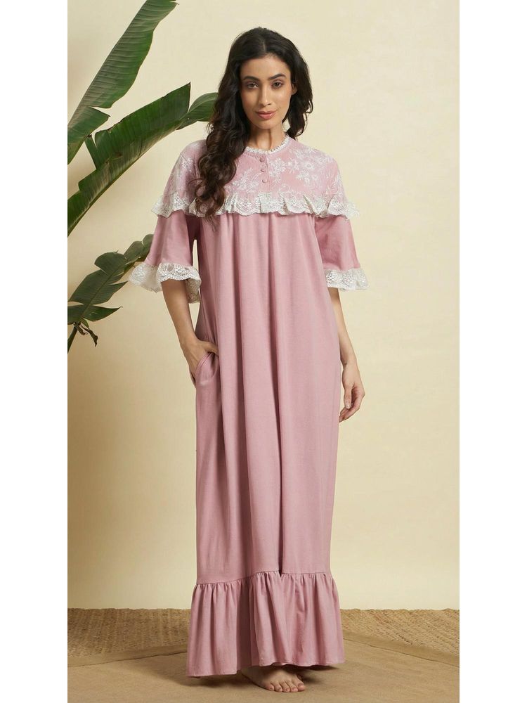 SEPHANI Pink Cotton Solid Nightdress-picture-11