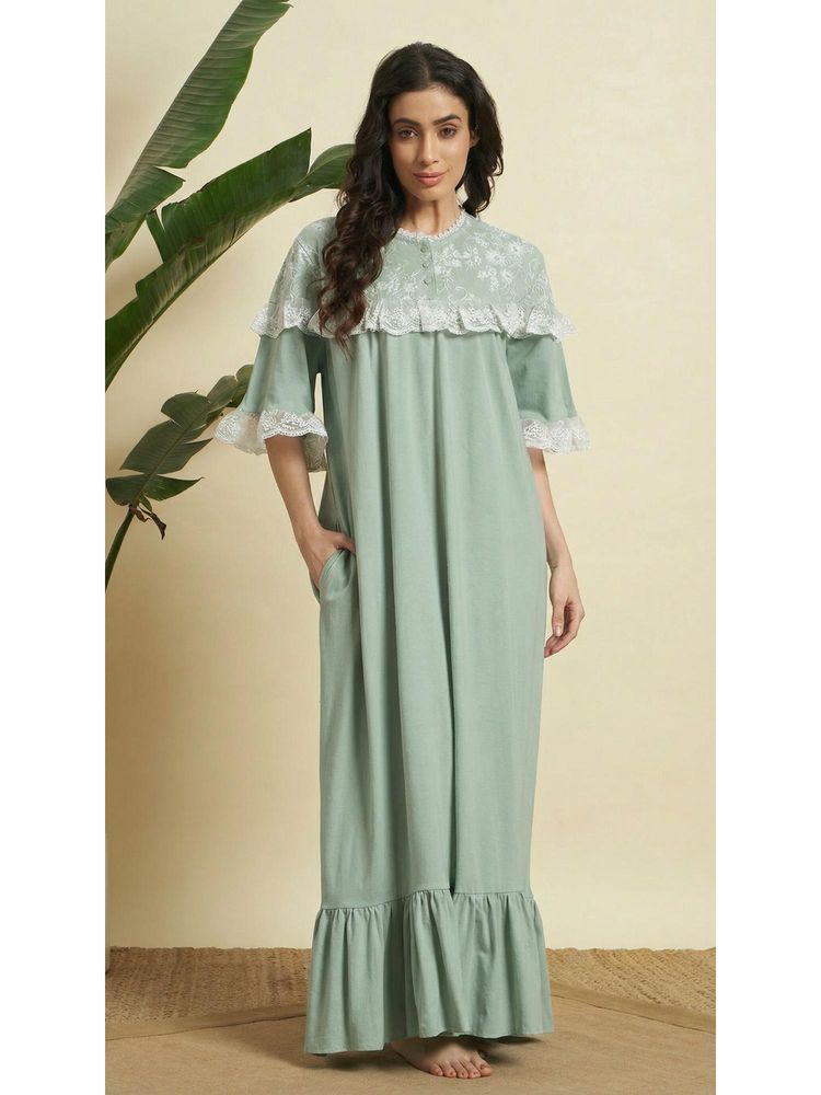 SEPHANI Green Cotton Solid Nightdress-picture-16