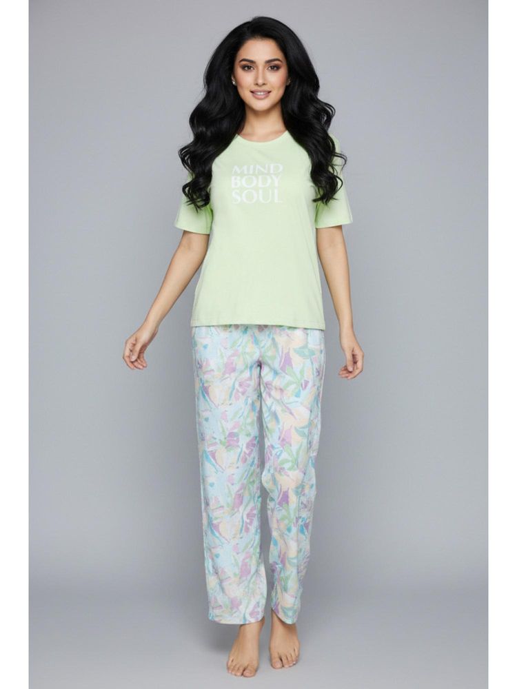 Zivame Green Polyester Typography T-Shirt With Pyjama-image-3