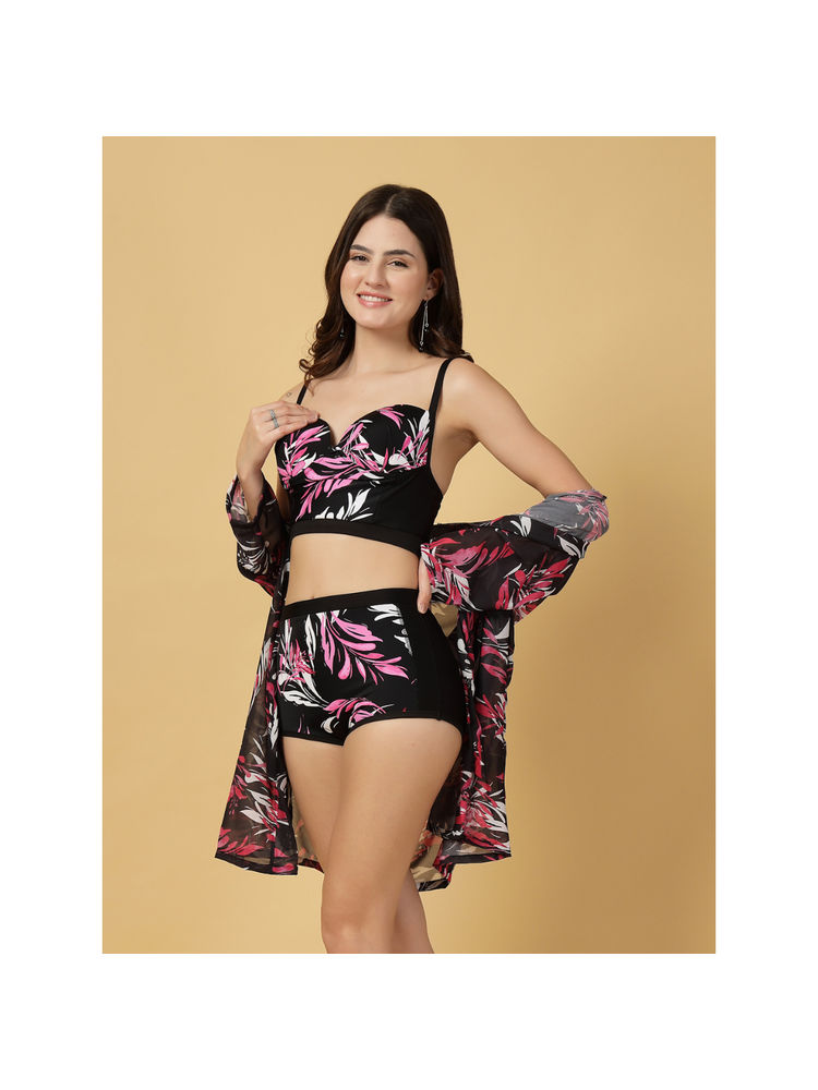 Cukoo Black Padded Printed Bikini Top with Bottom & Cover-Up (Set of 3)-image-2