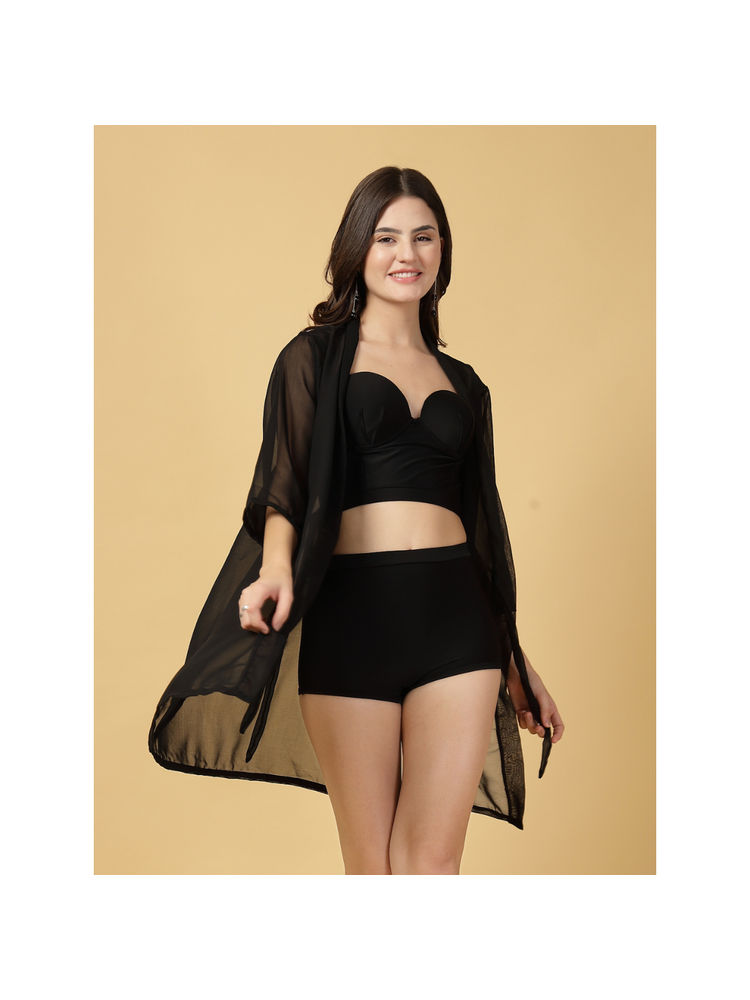 Cukoo Black Padded Solid Bikini Top with Bottom & Cover-Up (Set of 3)-picture-12