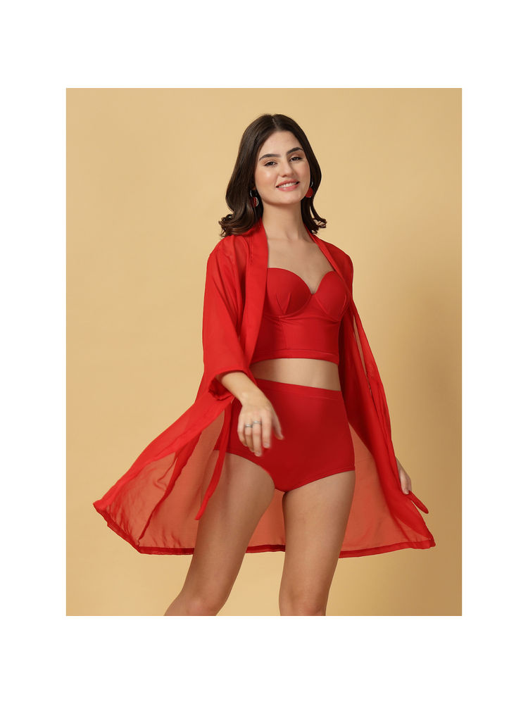 Cukoo Red Padded Solid Bikini Top with Bottom & Cover-Up (Set of 3)-image-0