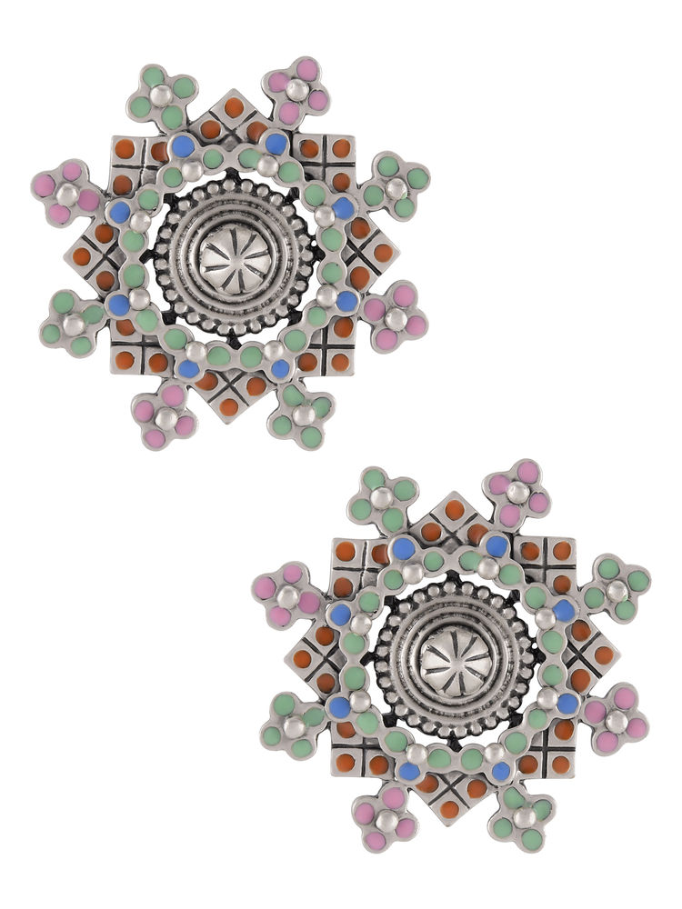 Tribe Amrapali Multi Enamel Coin Flower Chandrika Ear Studs-image-12