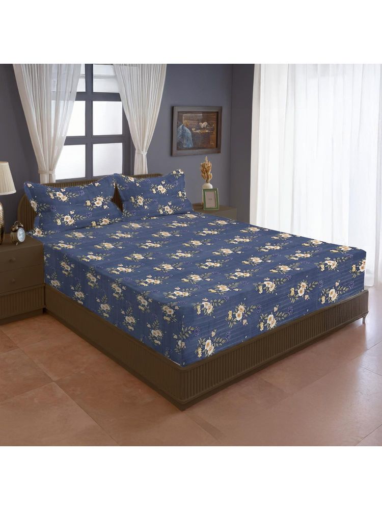Swayam Floral Blue Double Bedsheet with 2 Pillow Cover-picture-47