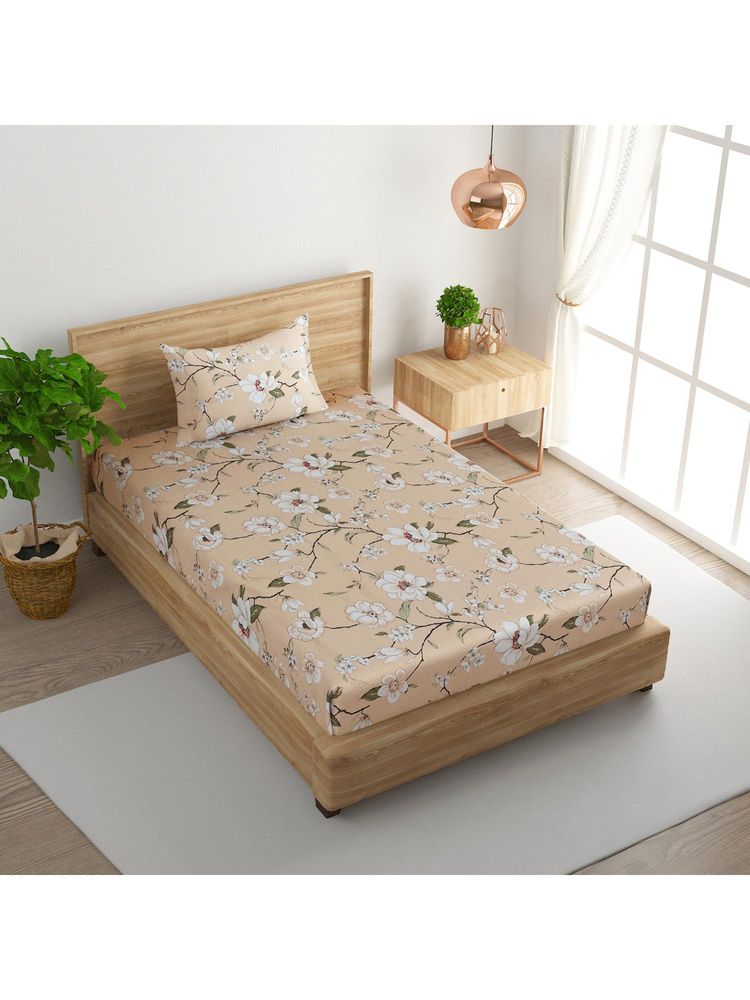Swayam Floral Beige Single Bedsheet with Pillow Cover-image-10