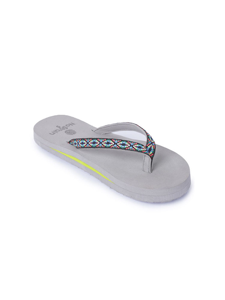 NoStrain Women Grey and Fluorescent Peach Ikat Design Stylish Flipflops-picture-34