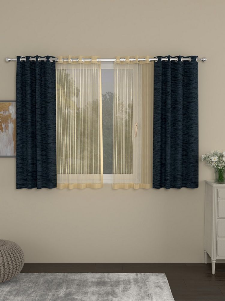 Rosara Home Navy Blue Solid Window Curtains (Pack of 4)-image-3