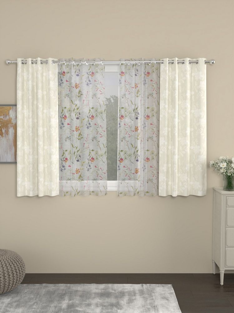 Rosara Home Cream Jacquard Floral Window Curtains (Pack of 4)-image-5