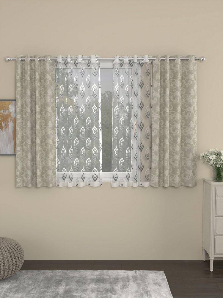 Rosara Home Beige Jacquard Embroidered Window Curtains (Pack of 4)-image-4