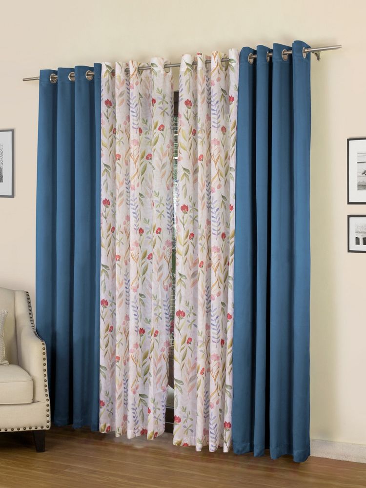 Rosara Home Blue Floral Black Out and Sheer Door Curtains (Pack of 4)-image-1
