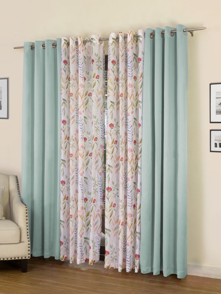 Rosara Home Green Floral Black Out and Sheer Door Curtains (Pack of 4)-image-11