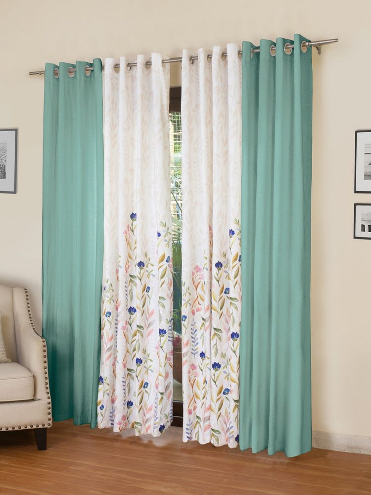 Rosara Home Green Floral Regular Door Curtains (Pack of 4)-image-4