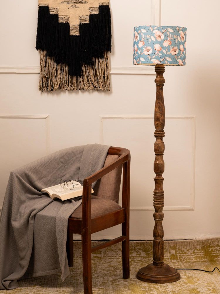 Green Girgit Wooden Brown Floor Lamp with Blue Flowers Multi-Color Lamp Shade-image-38