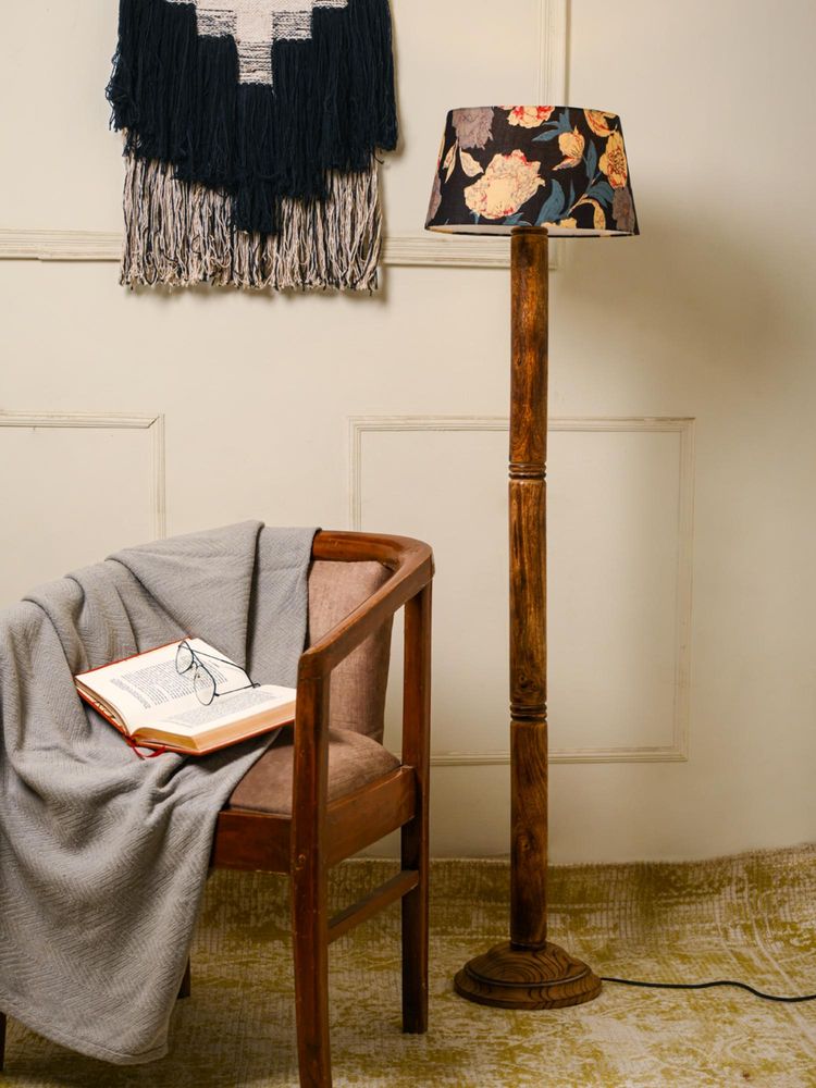 Green Girgit Brown Ring Floor Lamp with Taper Black Floral Multi-Color Lamp Shade-picture-12