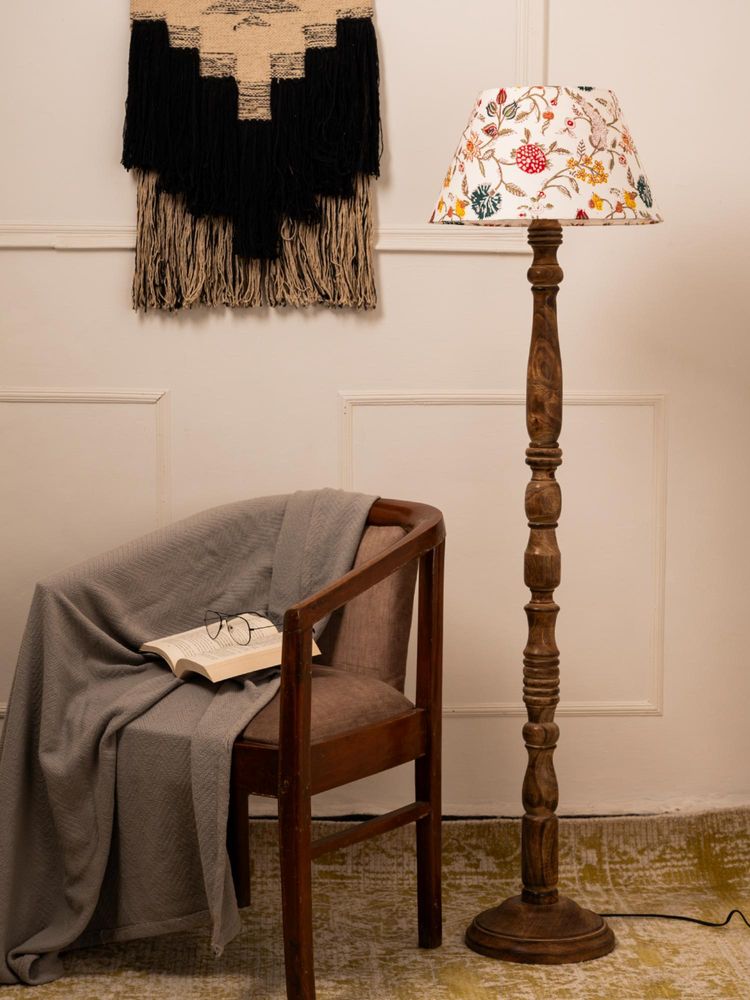 Green Girgit Wooden Brown Floor Lamp with Taper White Multi-Color Lamp Shade-picture-6