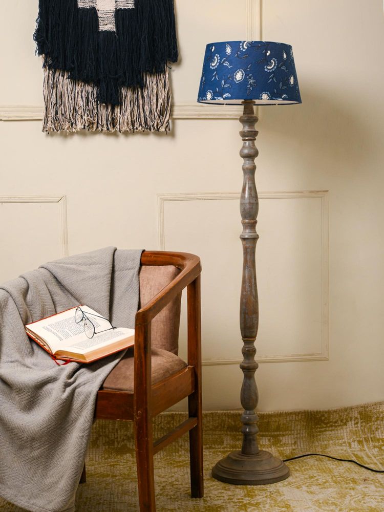 Green Girgit Wooden Grey Color Floor Lamp with Taper Blue Creeper Multi-Color Lamp Shade-image-4