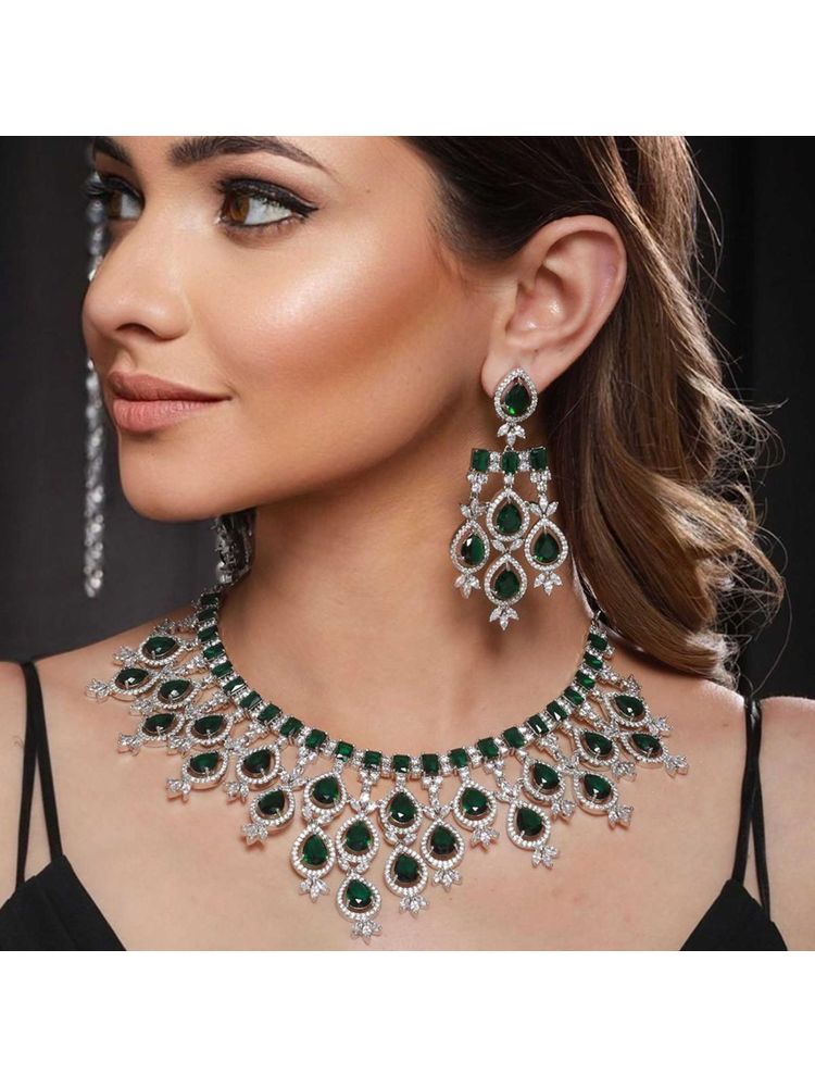 Saraf RS Jewellery White Rhodium Silver Plated Green CZ Stone Studded Jewellery Set-picture-11