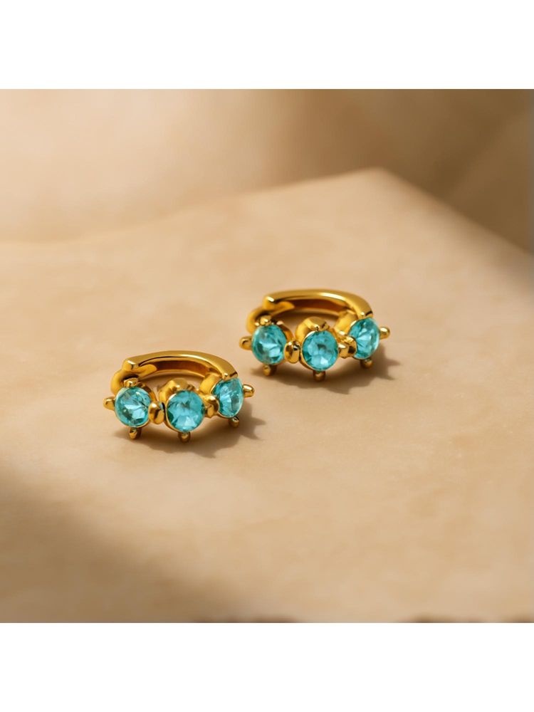 Shopsiiri Birthstone Triple Stone Anti-Tarnish Huggies: March: Aquamarine Earrings - Blue-picture-13