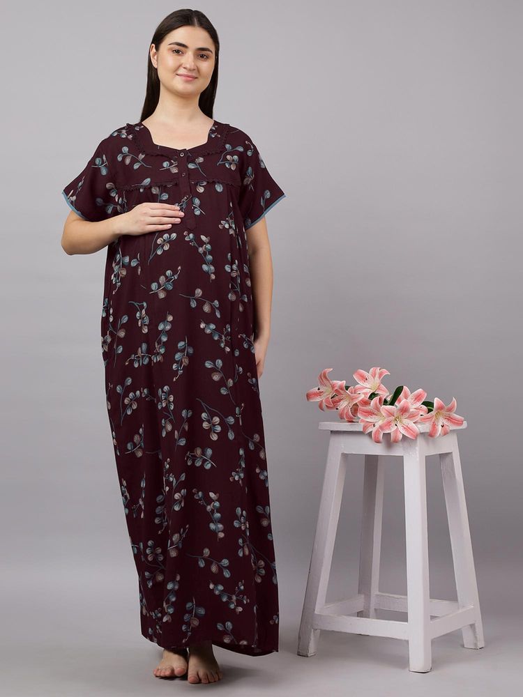 Mamma's Maternity Maroon Floral Printed Half Sleeves Cotton Maternity Nighty-image-45