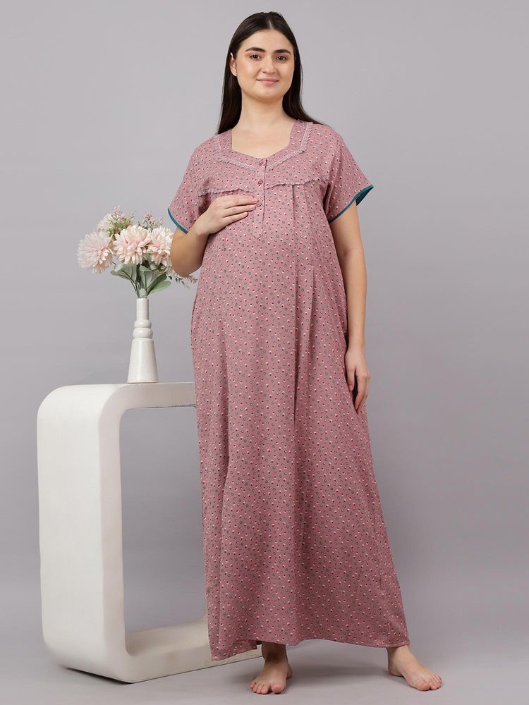 Mamma's Maternity Rose Pink Floral Printed Half Sleeves Cotton Alpine Maternity Nighty-picture-21