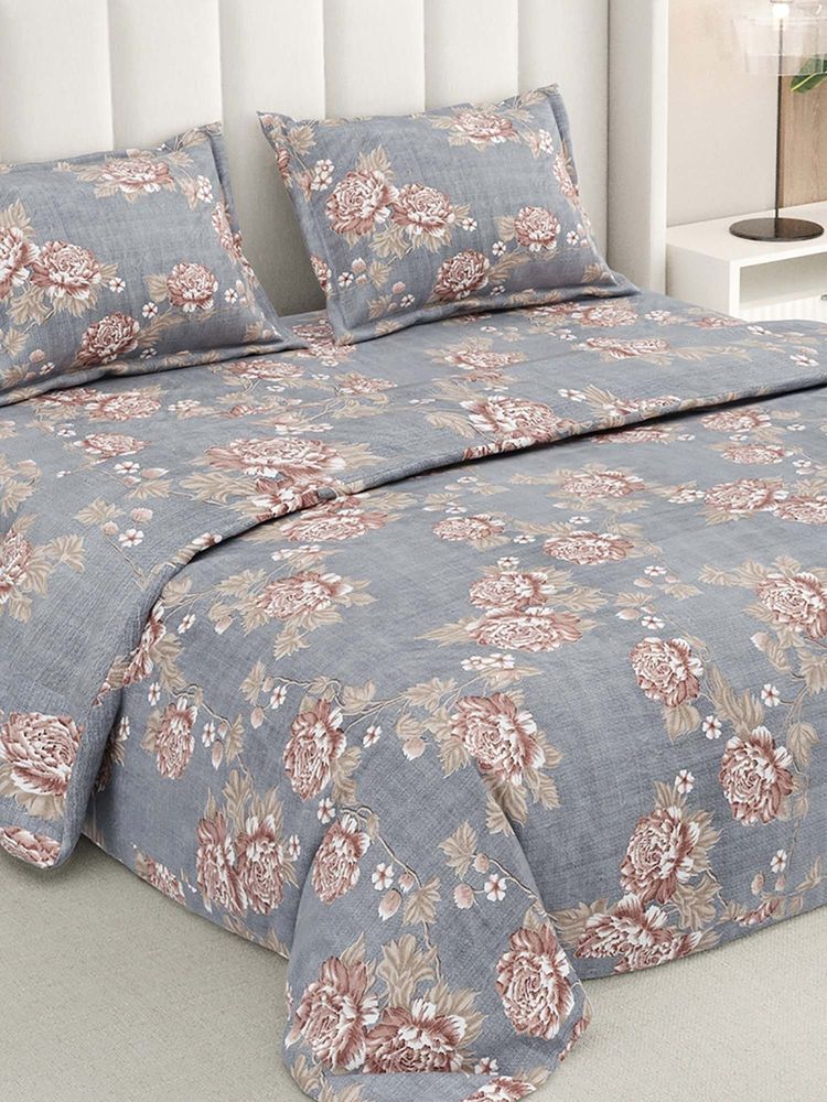 RIVERMOOR Grey Ultrasoft Floral Bedsheet with 2 Pillow Covers (Double)-picture-10