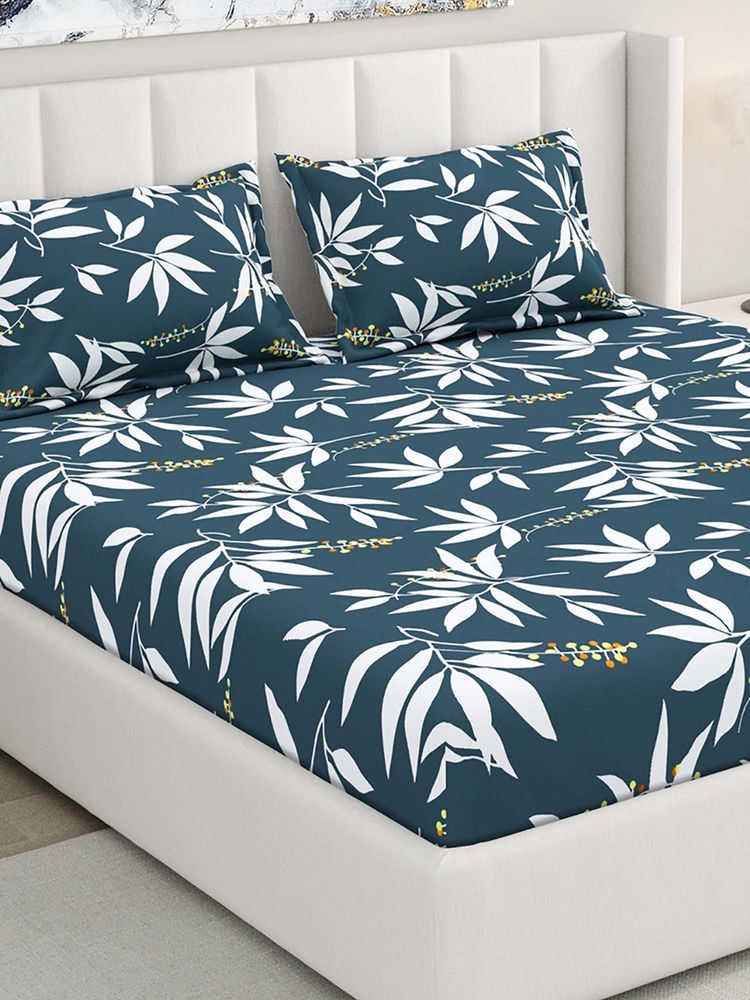 RIVERMOOR Navy Blue Ultrasoft Floral Fitted Bedsheet with 2 Pillow Covers (Double)-picture-11