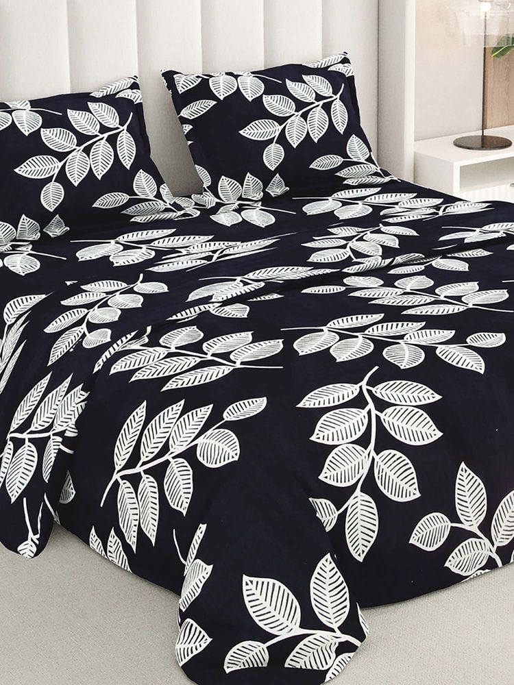 RIVERMOOR Navy Blue Ultrasoft Floral Bedsheet with 2 Pillow Covers (Double)-image-2