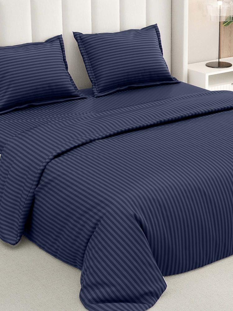 RIVERMOOR Navy Blue Ultrasoft Satin Stripes Bedsheet with 2 Pillow Covers (Double)-image-45