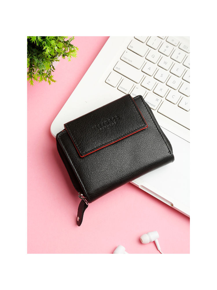Teakwood Women Black Solid Two Fold Wallet