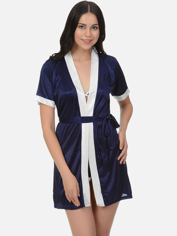 Mod & Shy Navy Blue Sexy Satin 3 Pcs Nightwear Set-picture-20