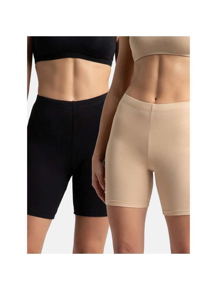 Jockey 1529 Women Super Combed Cotton Shorties - Black and Skin (Pack of 2)