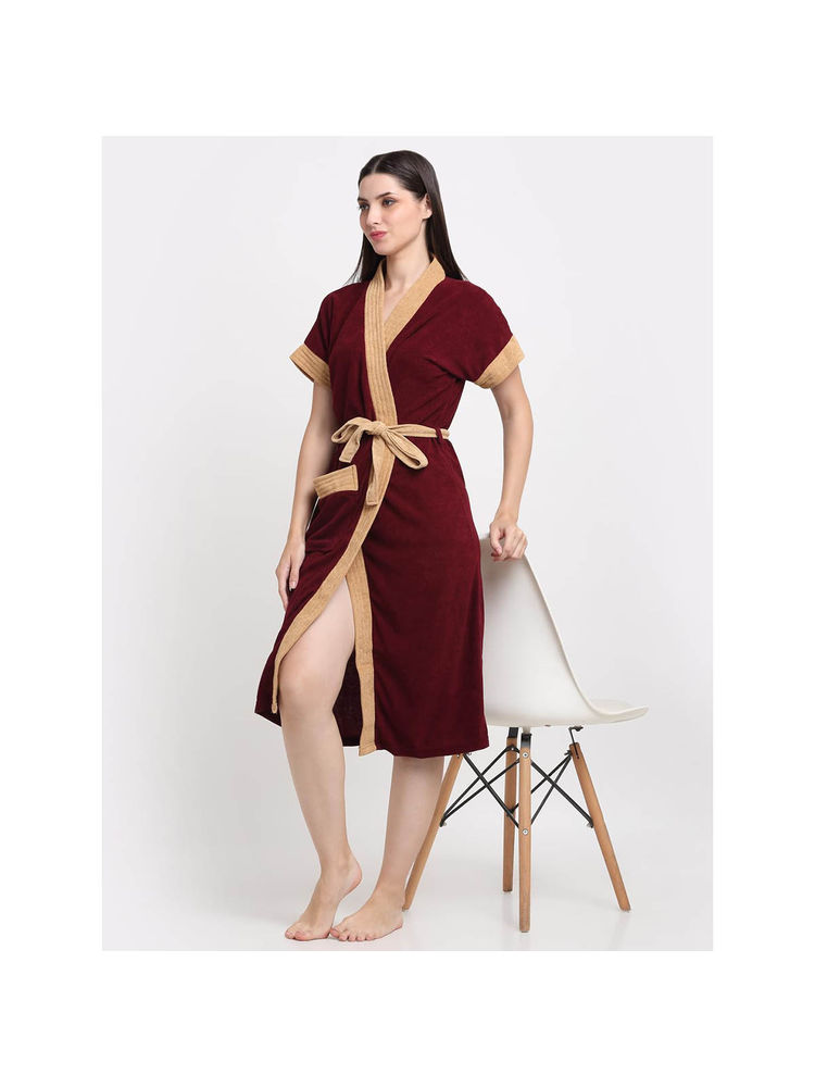 Creeva Maroon Dual Tone Micro Terry Bath Robe-image-42