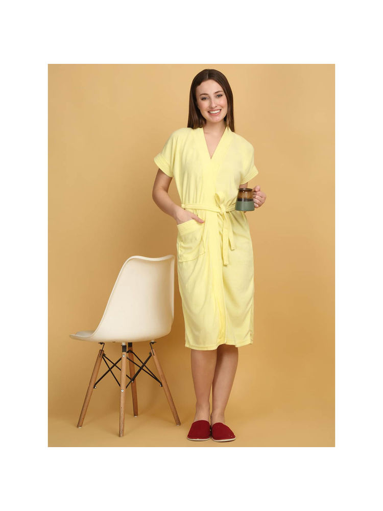 Creeva Lemon Yellow Micro Terry Bath Robe-image-4
