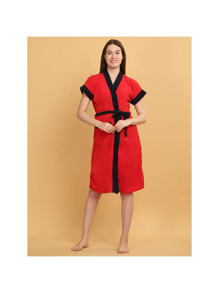 Creeva Red Dual Tone Micro Terry Bath Robe-image-4