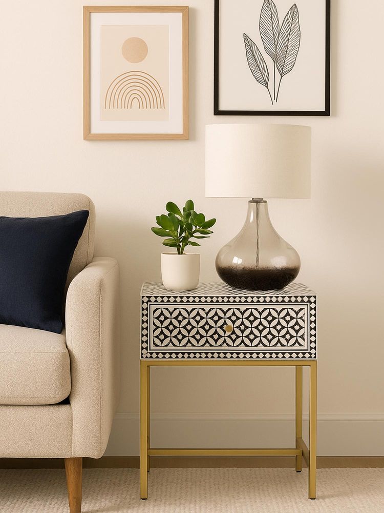 JABRIX Bone Inlay Bedside Table With Gold Legs - Geometric Floral-picture-25
