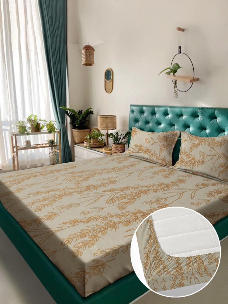 Rosara Home Beige Floral 180 TC Fitted Bedsheet with 2 Pillow Covers (King)-image-30