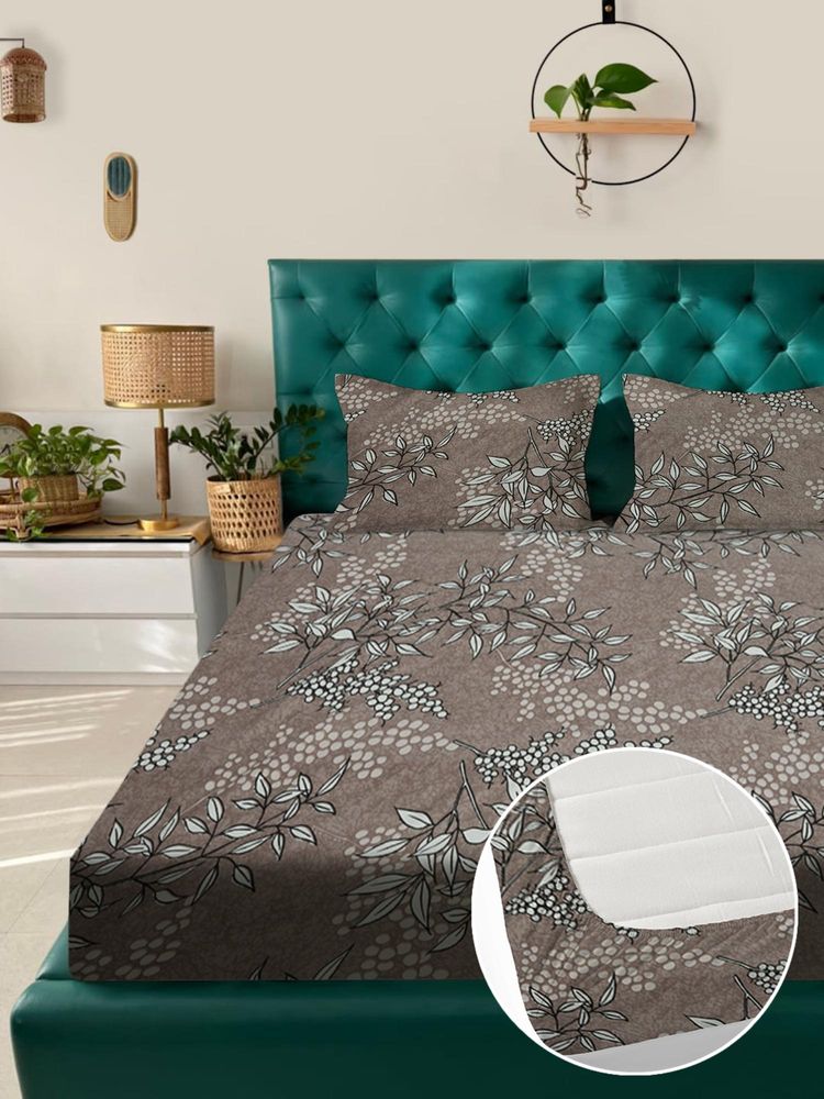 Rosara Home Brown Floral 180 TC Fitted Bedsheet with 2 Pillow Covers (King)-picture-25