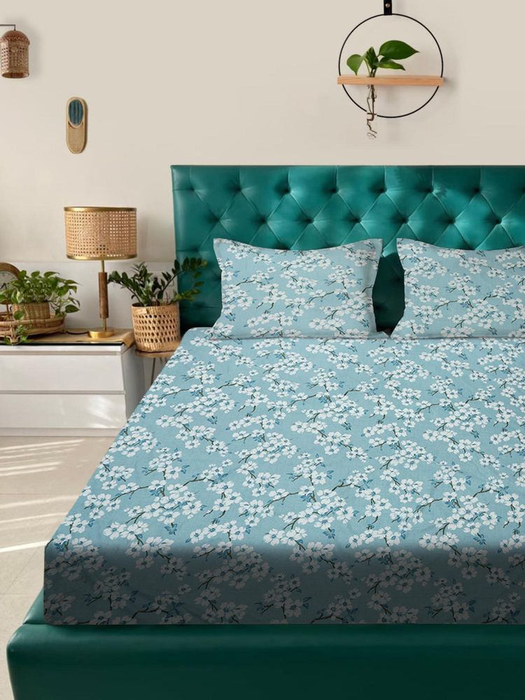 Rosara Home Blue Floral 180 TC Flat 1 Bedsheet with 2 Pillow Covers (Queen)-picture-28
