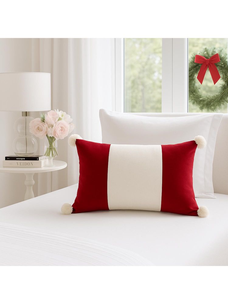 THROW PILLOW Red And White Patchwork Pompom Cushion Cover (One Size)-image-26