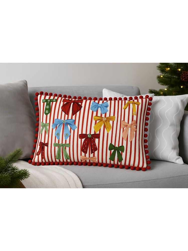 THROW PILLOW Bow Red Striped All Round Pompom Cushion Cover (One Size)-picture-8
