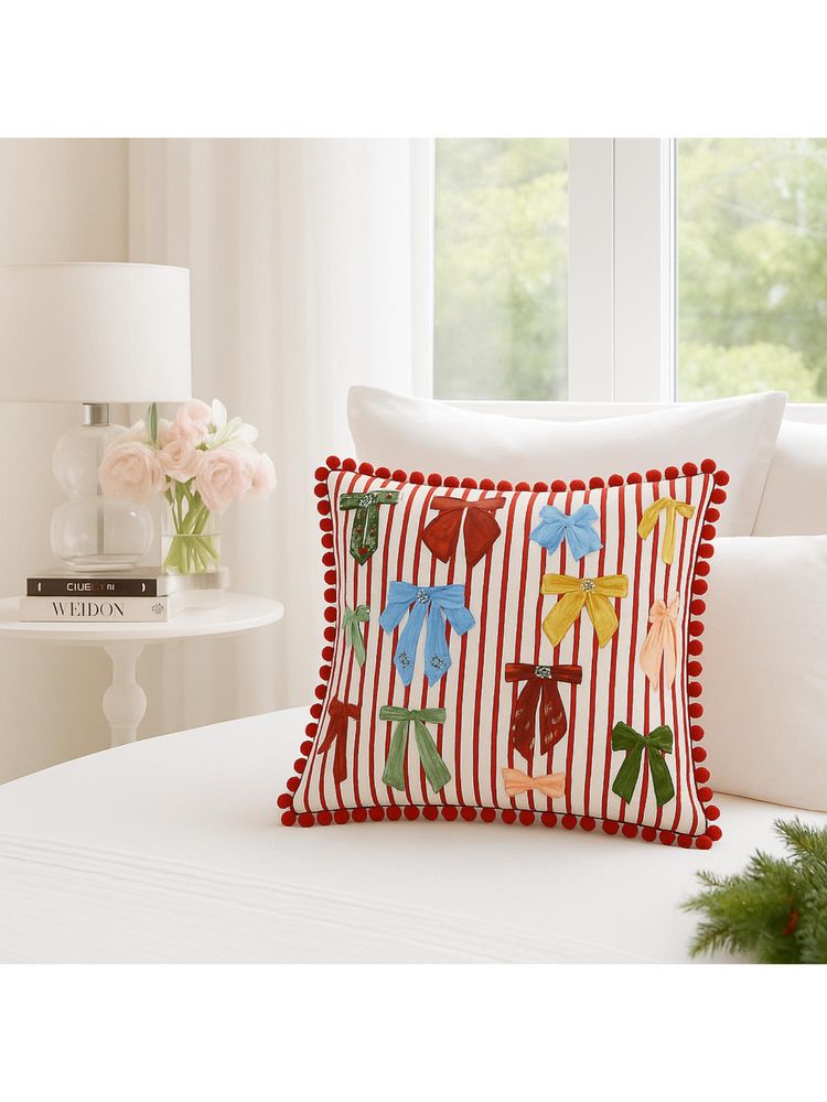 THROW PILLOW Bow Red Striped All Round Pompom Cushion Cover (One Size)-picture-23