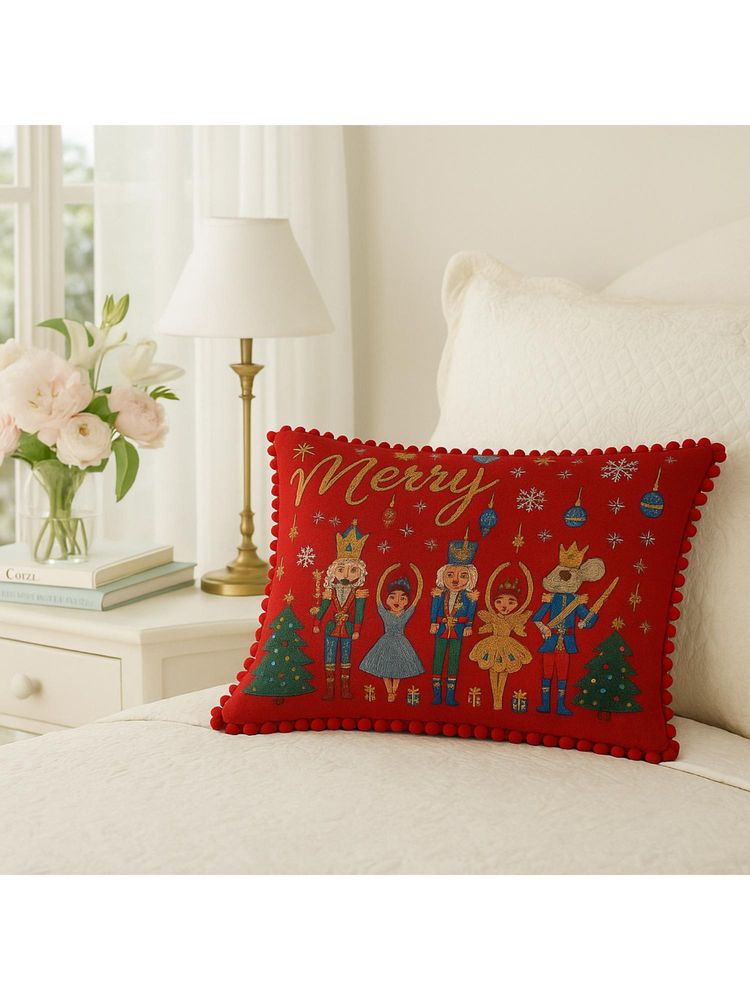 THROW PILLOW Nutcracker Embroidered Holiday Red Pompom Cushion Cover (One Size)-image-10