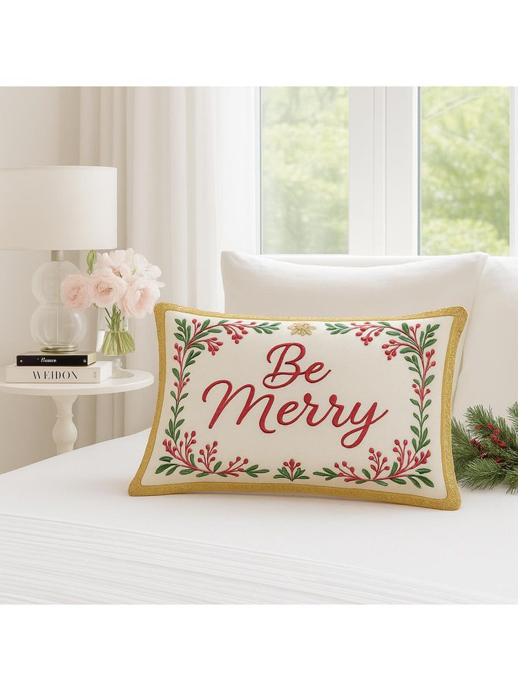 THROW PILLOW Be Merry Holiday Golden Fringe Cushion Cover (One Size)-picture-38