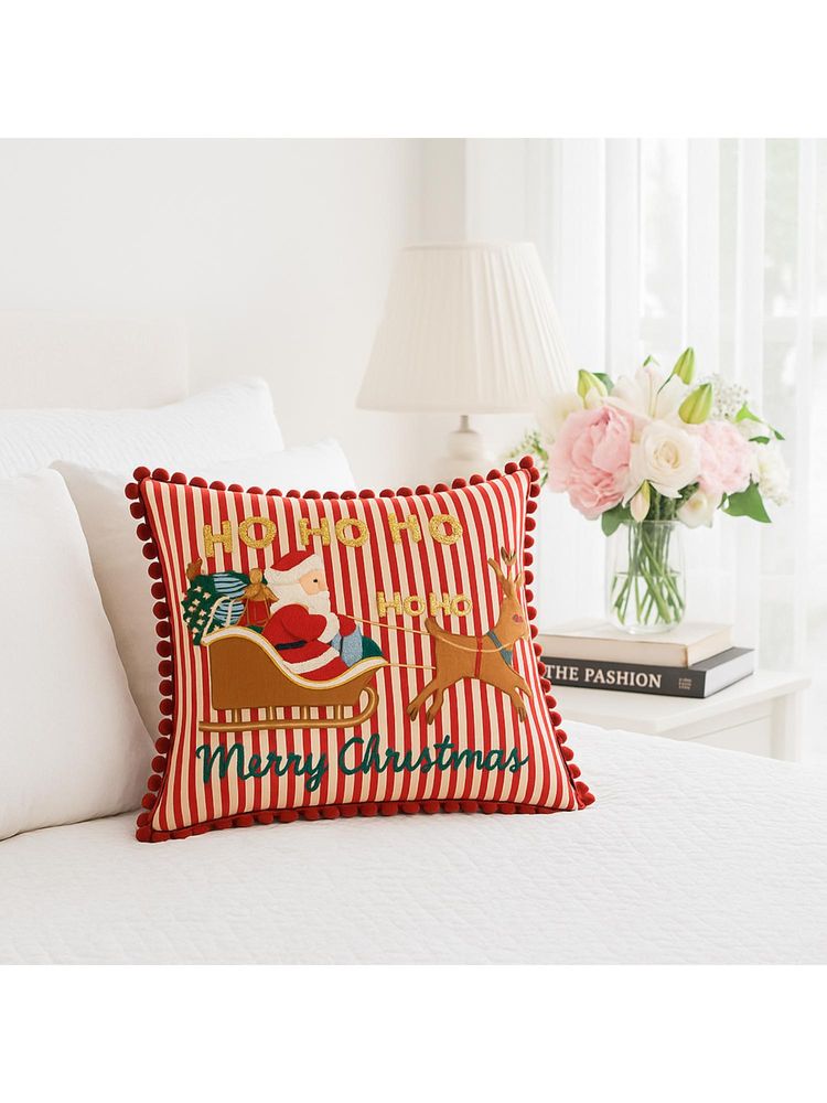 THROW PILLOW Red White Stripe Pompom Cushion Cover (One Size)-picture-36