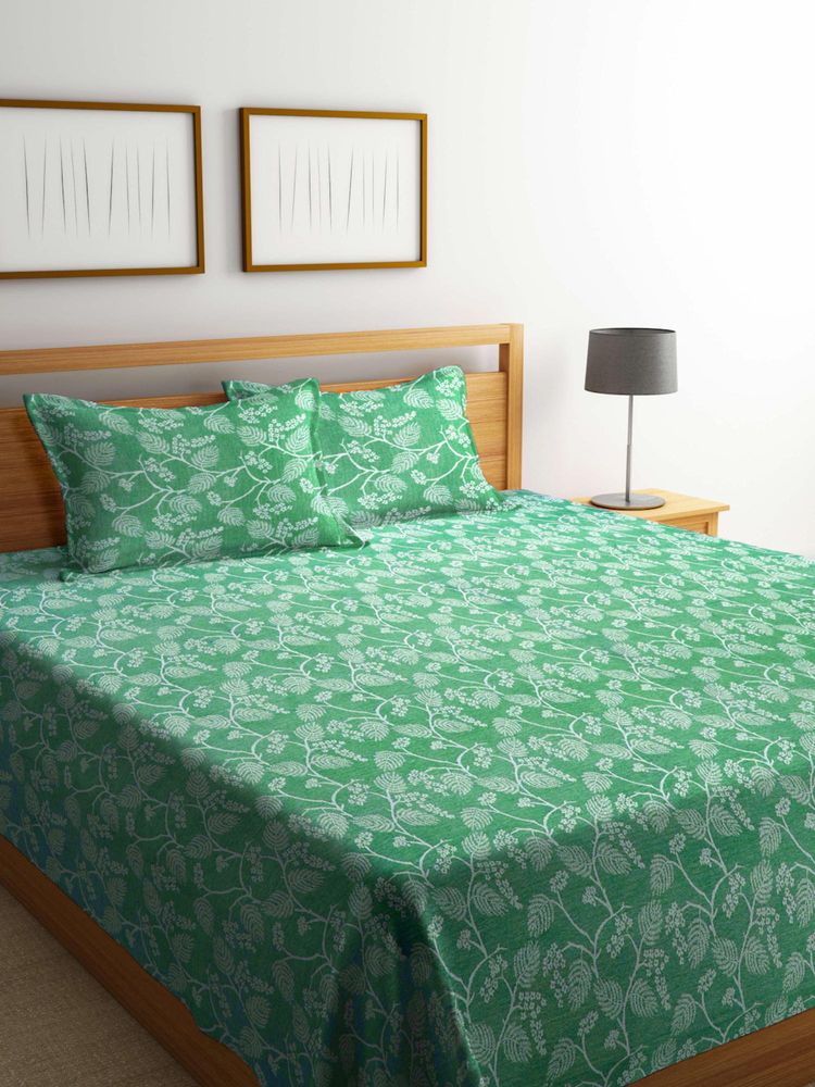 FABINALIV Green Floral Handwoven Bedcover with 2 Pillow Covers (King)-picture-24