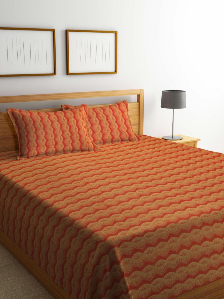 FABINALIV Orange Chevron Handwoven Bedcover with 2 Pillow Covers (King)-image-2