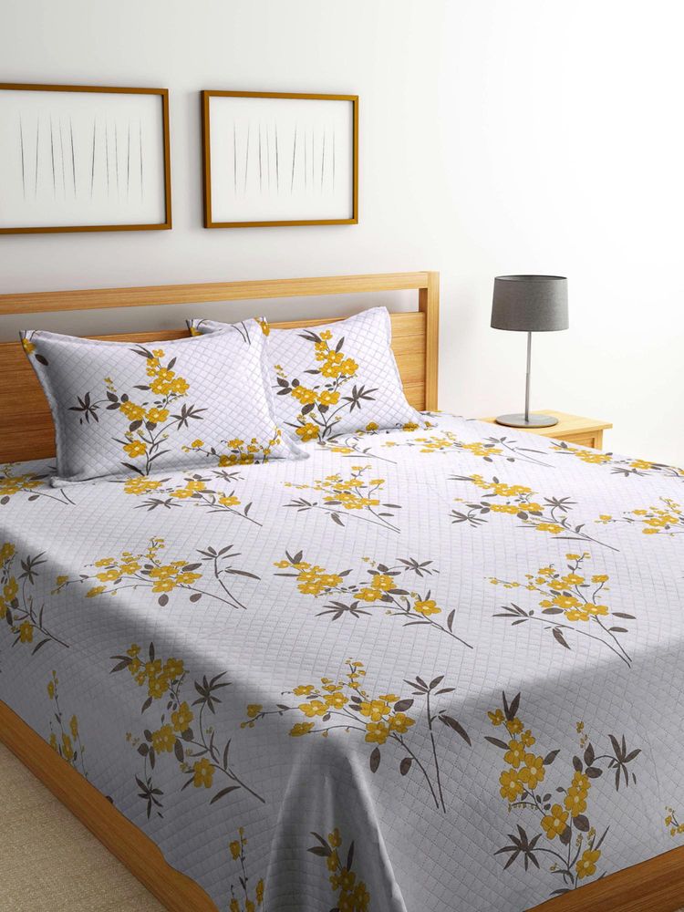 FABINALIV Multi-Color Floral Cotton Blend Quilted Bedcover with 2 Pillow Covers (King)-image-35
