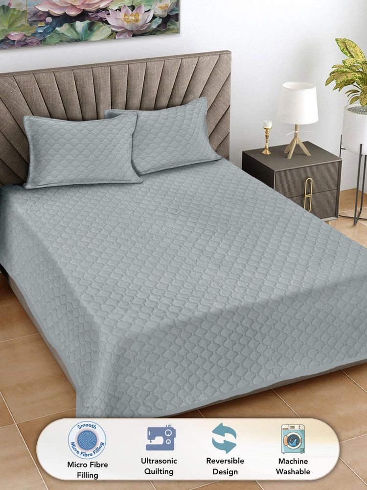 FABINALIV Light Grey Solid Blend Reversible Quilted Bedcover with 2 Pillow Covers (King)-image-42