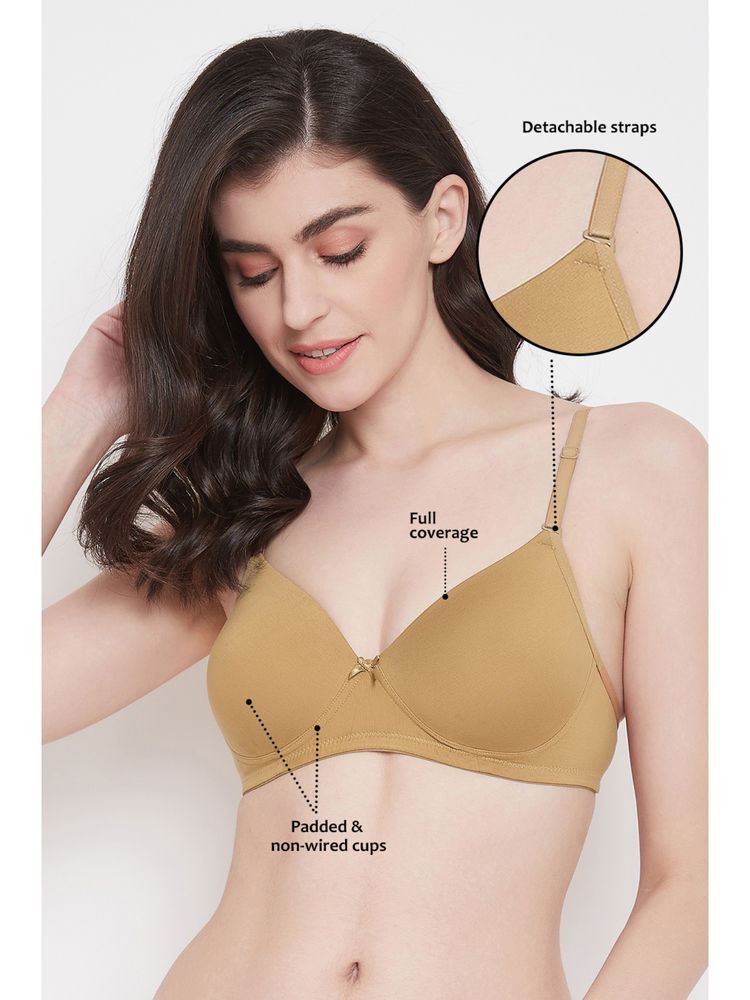 Clovia Beige Cotton Spandex Solid Padded Full Cup Wire Free T-Shirt Bra-picture-22